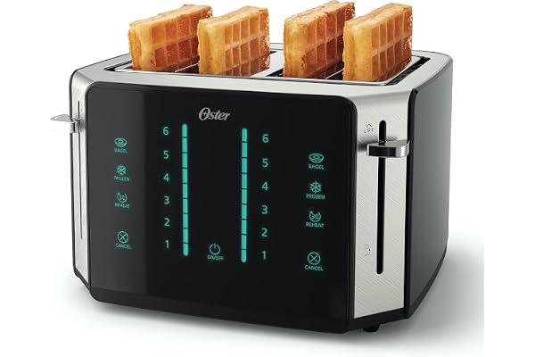 Oster 4-Slice Toaster, Touch Screen with 6 Shade Settings and Digital Timer, Black/Stainless Steel
