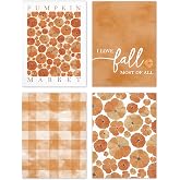 TLESKE Orange Fall Pumpkins Market Posters Prints Unframed Set of 4, Autumn Aesthetic Wall Art Prints for Dorm Bedroom Living Room, I Love Fall Most of All Pictures Wall Decor, 12x16