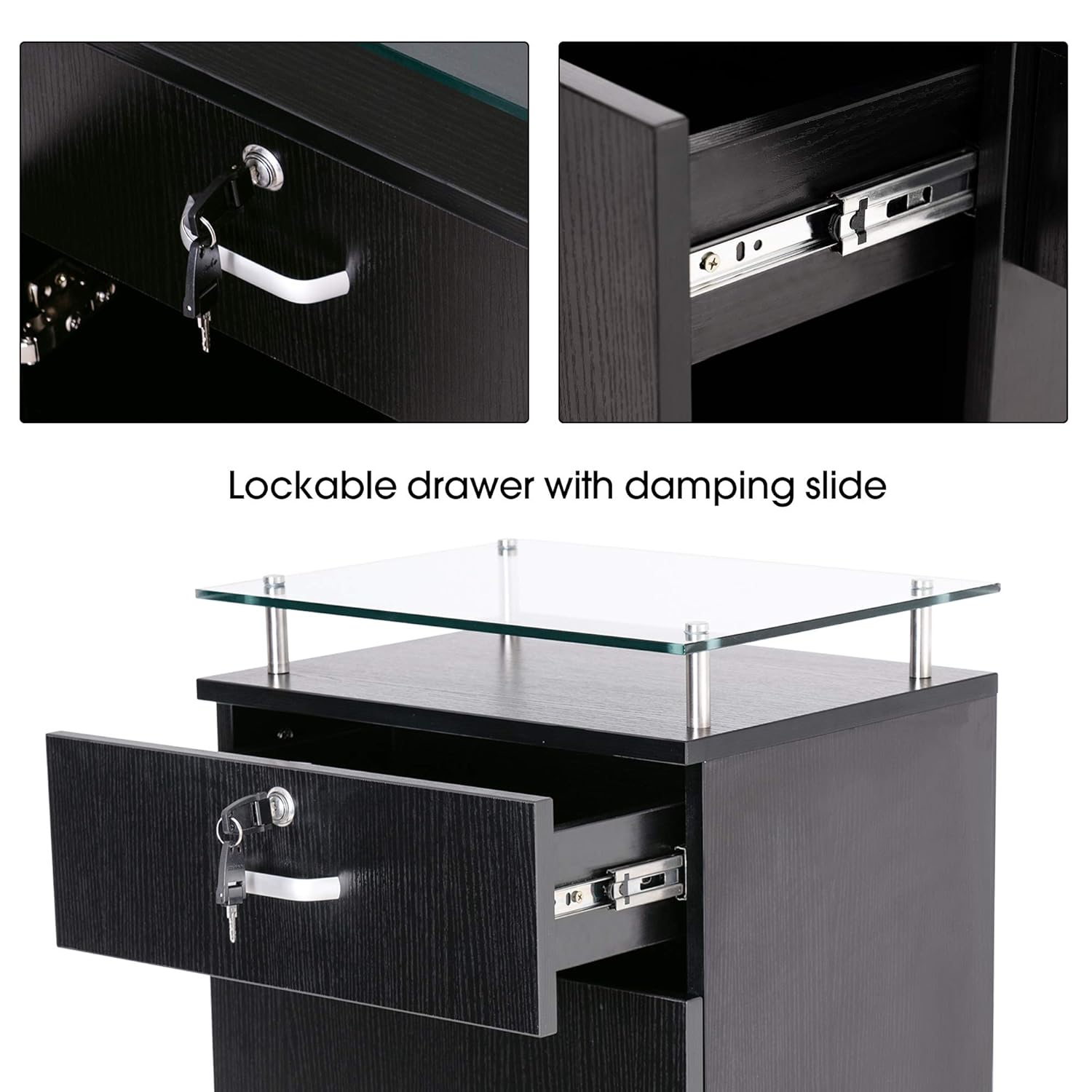 BarberPub Salon Storage Station Cabinet Locking Drawer Beauty Stylist Equipment Glass Top 3015 (Black): Beauty