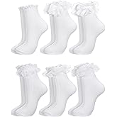 Fourluoo 6 Pairs Women Casual Ruffle Lace Ankle Socks Cute Breathable Thin Cool Frilly Socks