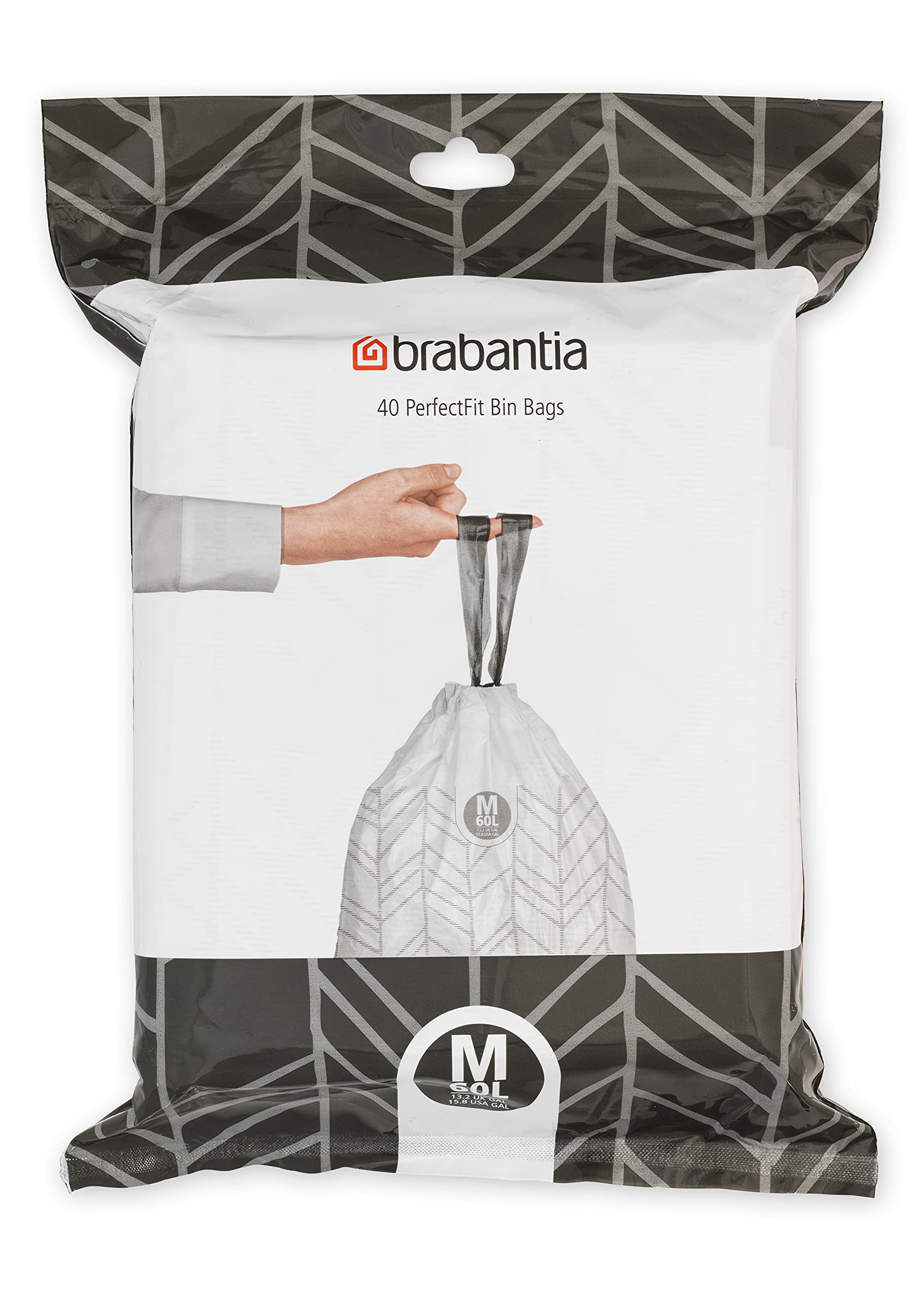 Brabantia 138829 PerfectFit Bin Liners (Size M/60 Litre) Thick Plastic Trash Bags with Tie Tape Drawstring Handles (40 Bags), White