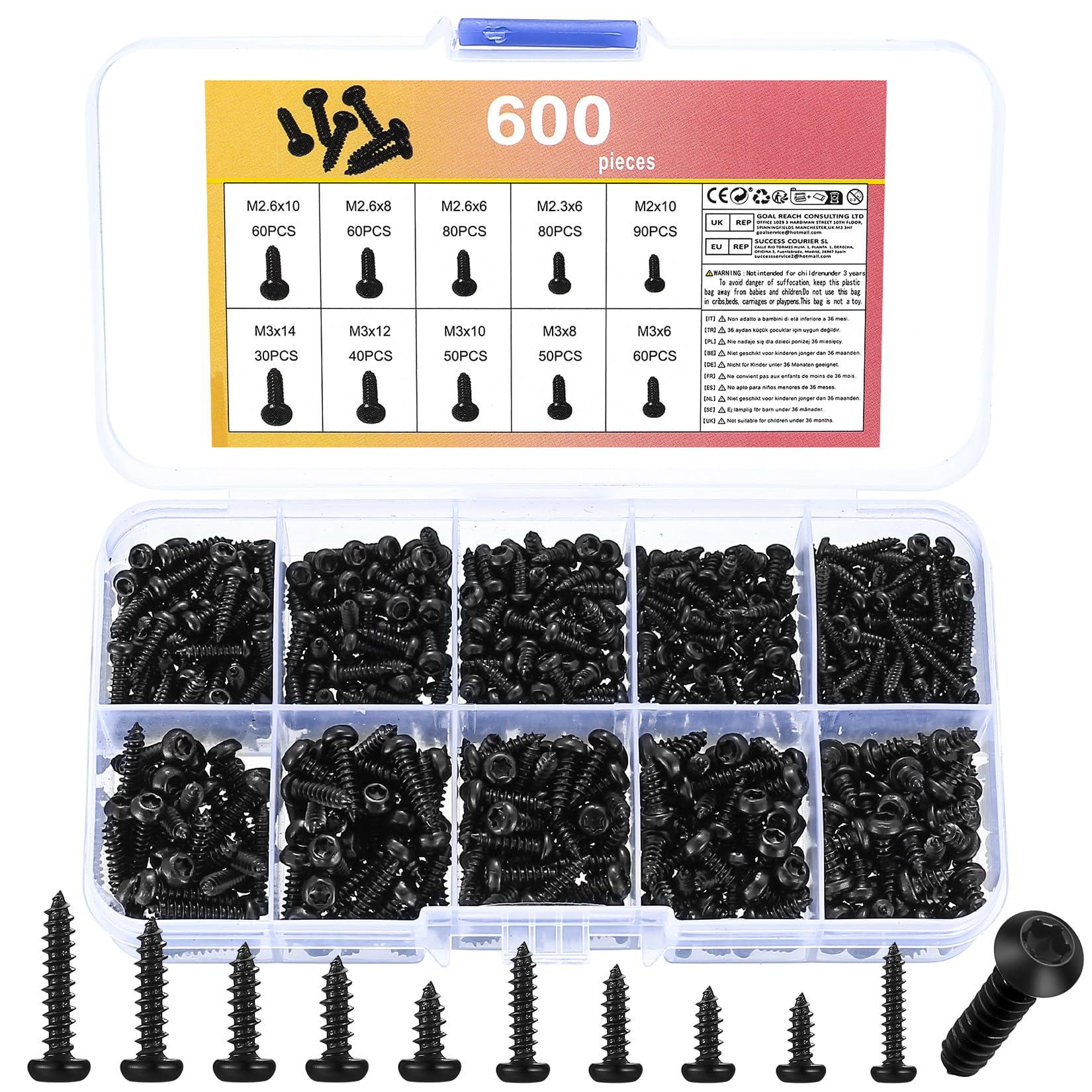 600 Pcs Torx Pan Head Self Tapping Screws Set, Small Black Round Head Torx Self-Tapping Wood Screws Assortment Set for Plastic Wood Soft Metal(M2 M2.3 M2.6 M3)