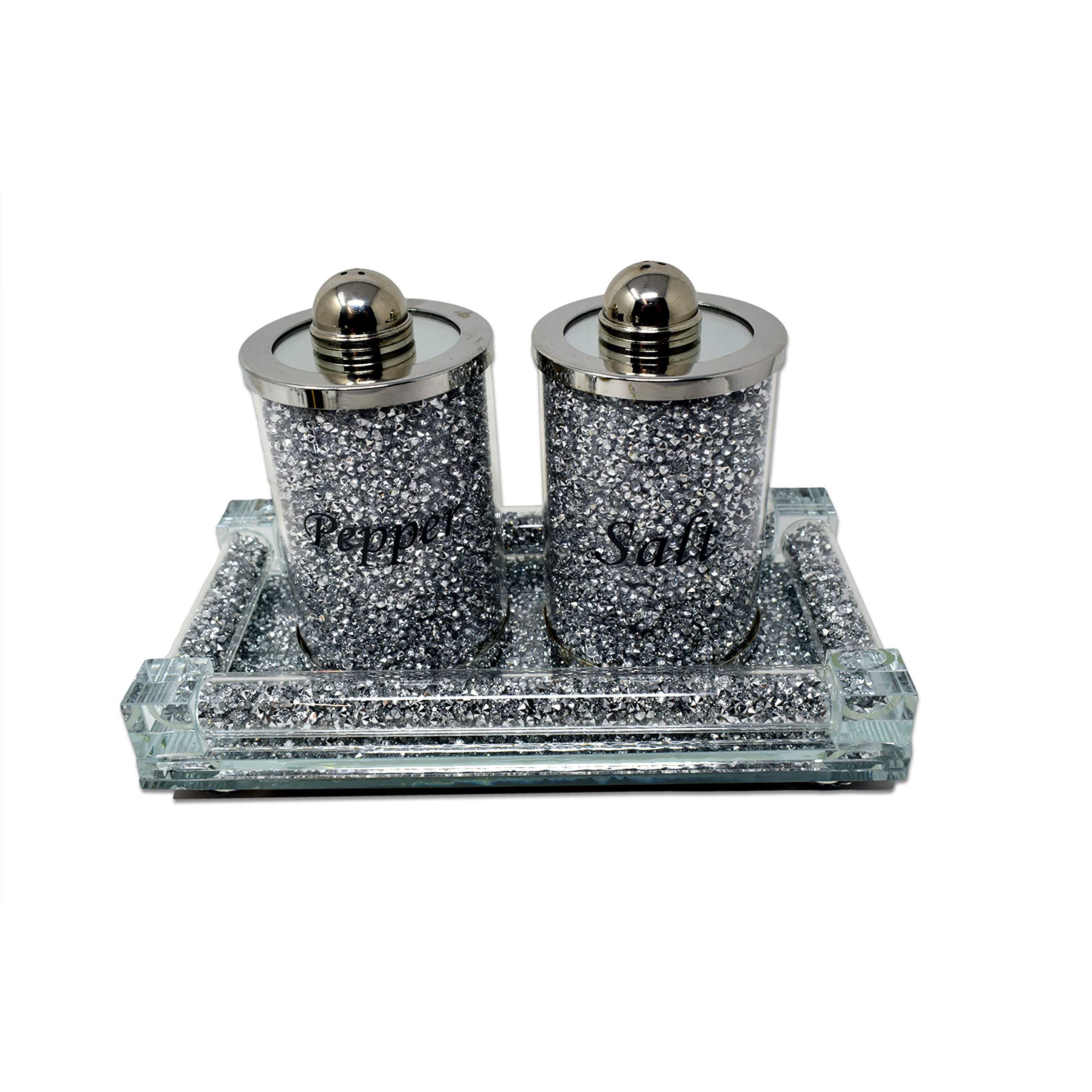 Silver Glass Sparkle Ornament Bling Crushed Diamond Gift | CRYSTALLIZED Kitchen salt and pepper with tray storage or Accessory| Crushed Diamond Display | Present Gifts for all occasion, Home Decor
