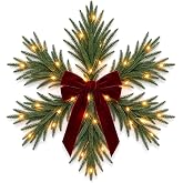 Unittype 24 Inch Star Christmas Norfolk Pine Wreath with LED Lights Red Bow | Pre-lit Artificial Snowflake Greenery Garland, Xmas Holiday Hanging, for Front Door, Walls, Porch, Farmhouse, Indoor Outdoor