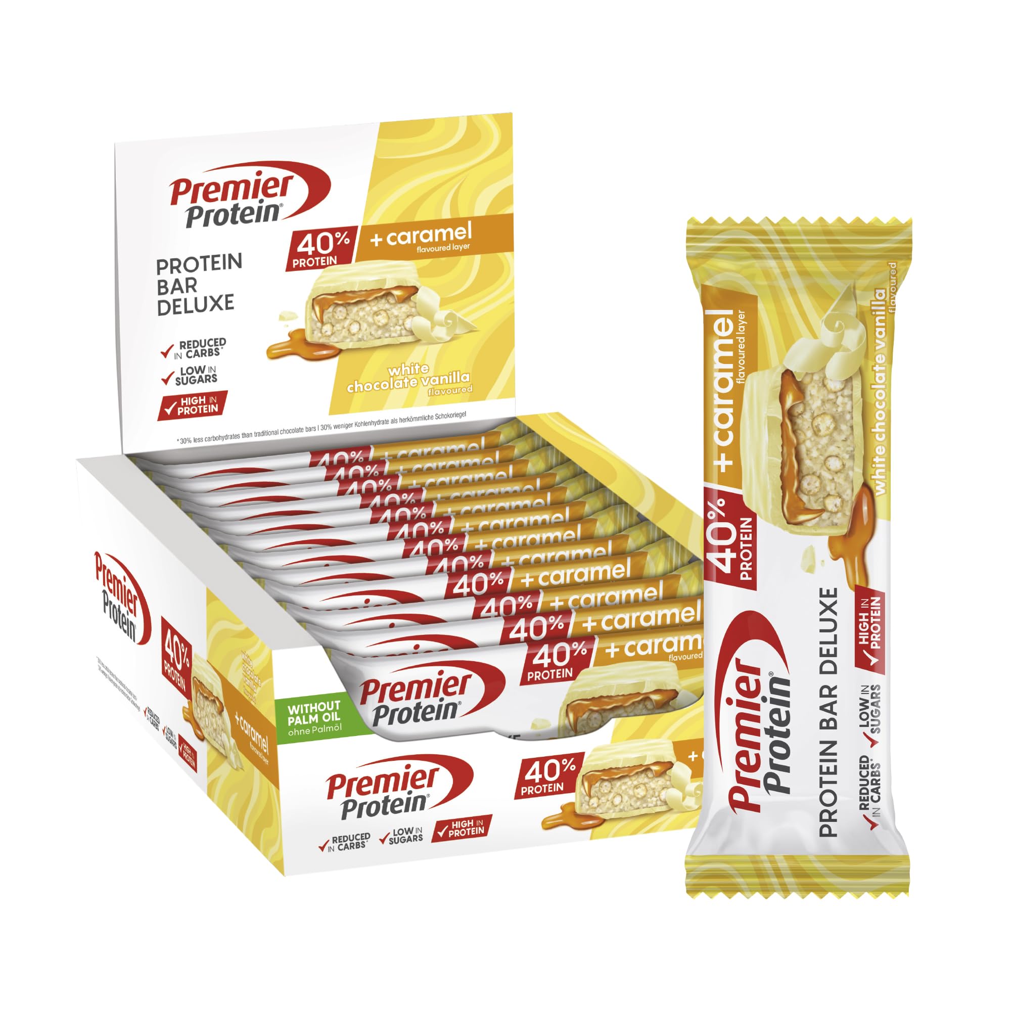 Premier Protein - Protein Bar Deluxe 40 percent - White Chocolate Vanilla - 12x50g - Low sugar - Low Carb - Palm Oil Free