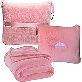 BlueHills Premium Soft Travel Blanket Pillow Airplane Blanket in Soft Bag case with Hand Luggage Belt and Carabiner Compact Pack Large Cozy Portable for Plane Car Train Transit Light Pink T020