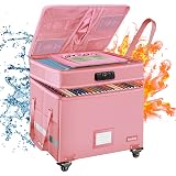 DocSafe File Box with Lock,2-Layer Fireproof Document Box with Wheels,Collapsible Rolling File Storage Organizer with Pockets,Large Portable Home Office Filing Cabinet Safe for Hanging Folders,Pink