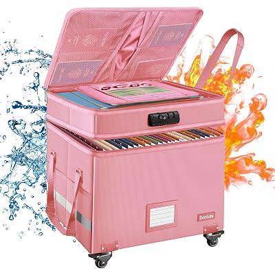 DocSafe File Box with Lock,2-Layer Fireproof Document Box with Wheels,Collapsible Rolling File Storage Organizer with Pockets,Large Portable Home Office Filing Cabinet Safe for Hanging Folders,Pink