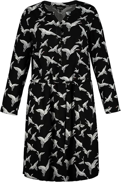 Ulla Popken Damen Grosse Grossen Bis 64 Kleid Mit Kranichmuster Offener Rundhalsausschnitt Halbe Knopfleiste Lange Armel Mit Manschetten Bindeband Schwarz 50 52 720781 10 50 Ulla Popken Amazon De Bekleidung