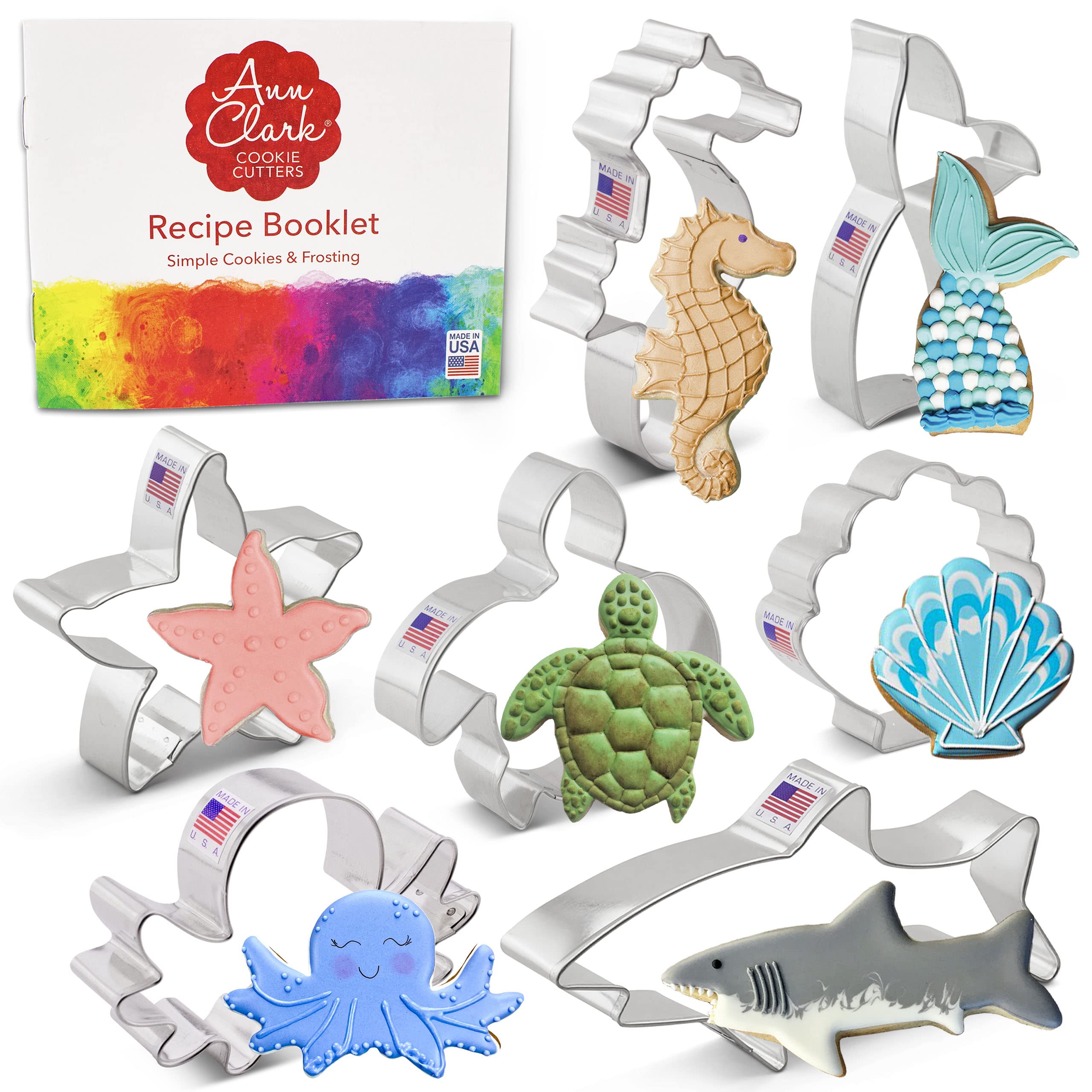 Under the Sea Cookie Cutters 7-Pc. Set Made in the USA by Ann Clark, Seashell, Starfish, Shark, Turtle, Mermaid Tail, and More