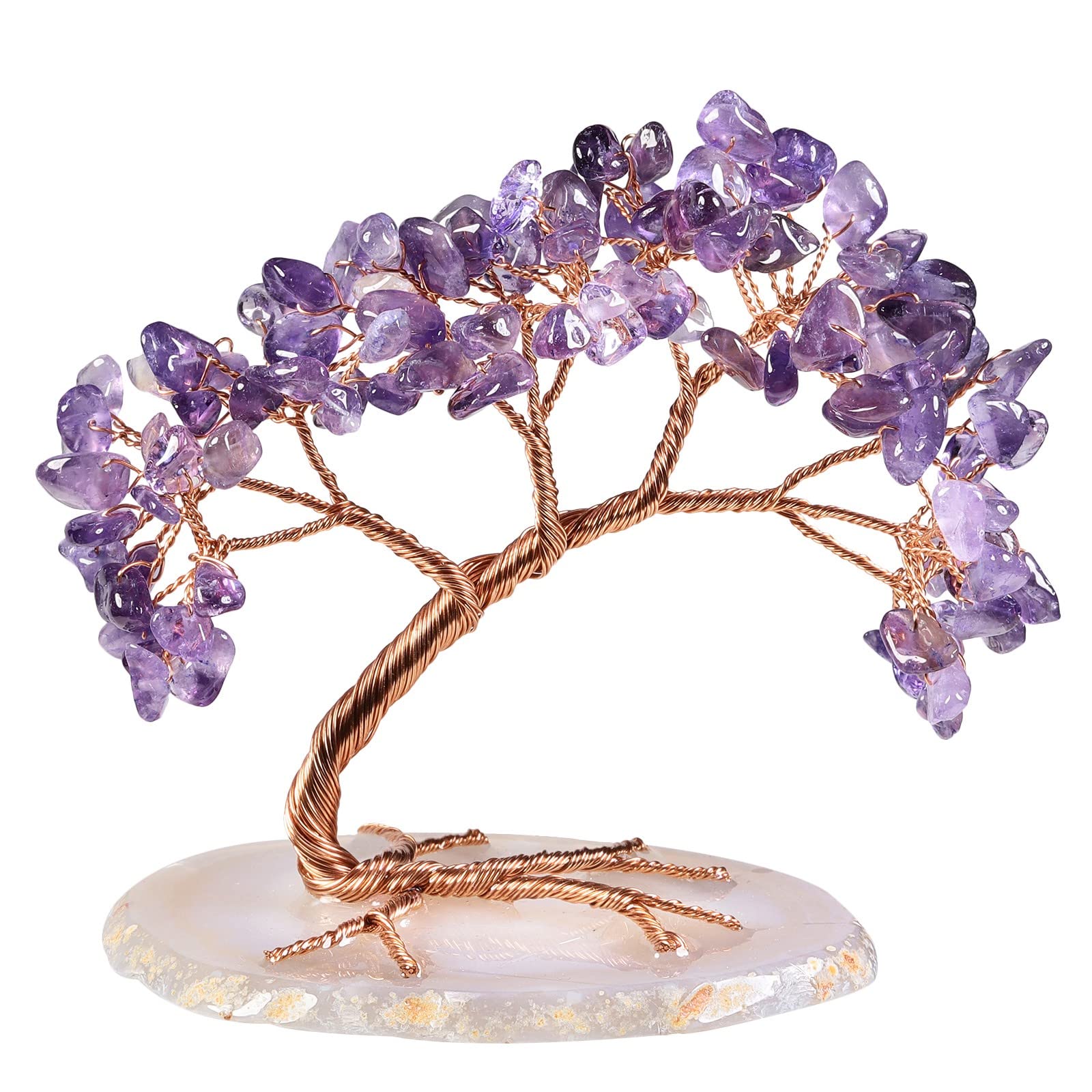 KYEYGWO Amethyst Crystal Money Tree FengShui Bonsai Figurines with Agate Slices Base, Crystal Tree Home Office Ornament for Good Luck and Wealth, 3-4 inches Tall
