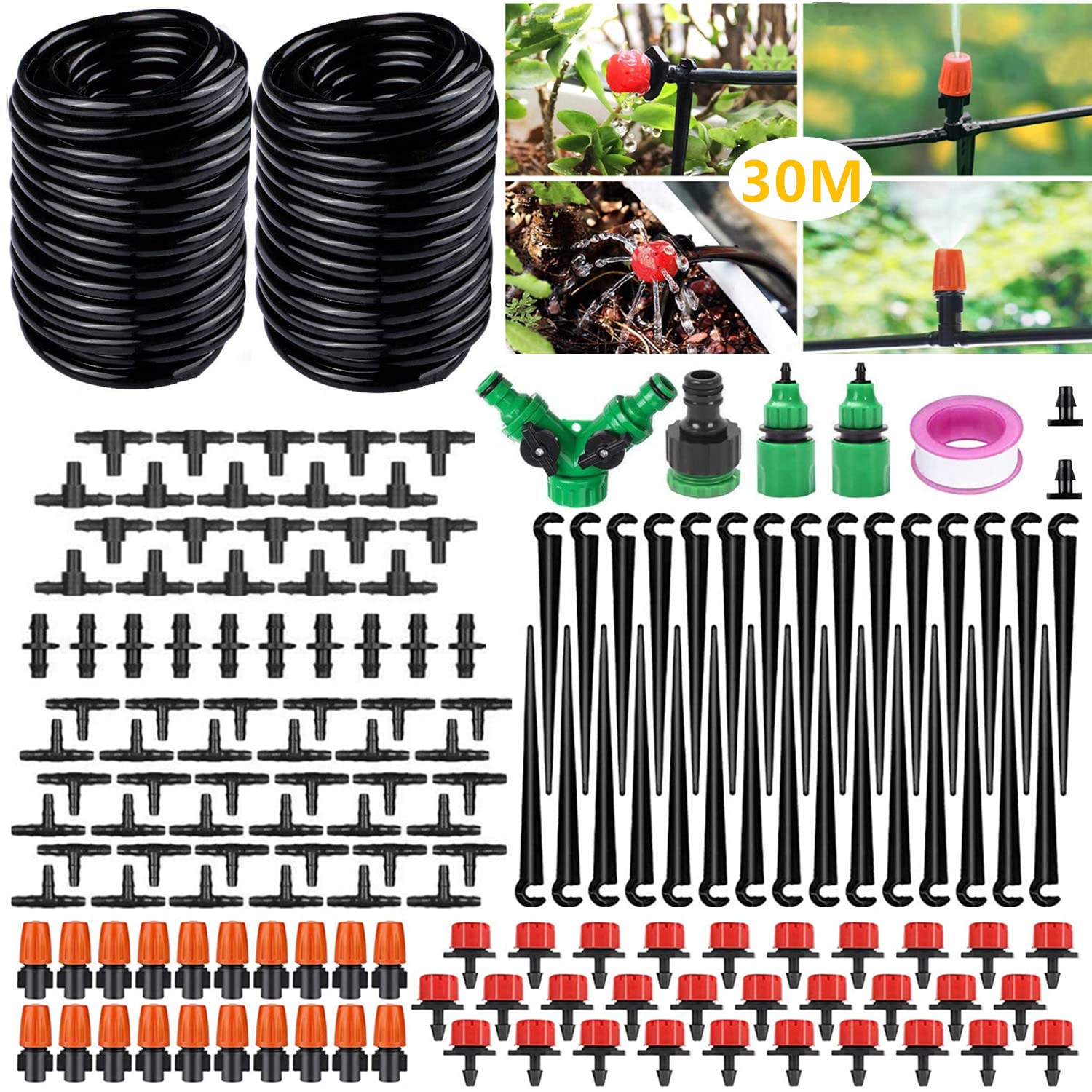 Drip Irrigation System 30M DIY Auto Drip Irrigation Kit,100FT Irrigation Pipe, Irrigation Sprinklers, Drip Watering System Garden Plant Watering Devices for Flower Bed, Patio, Garden Greenhouse Plants