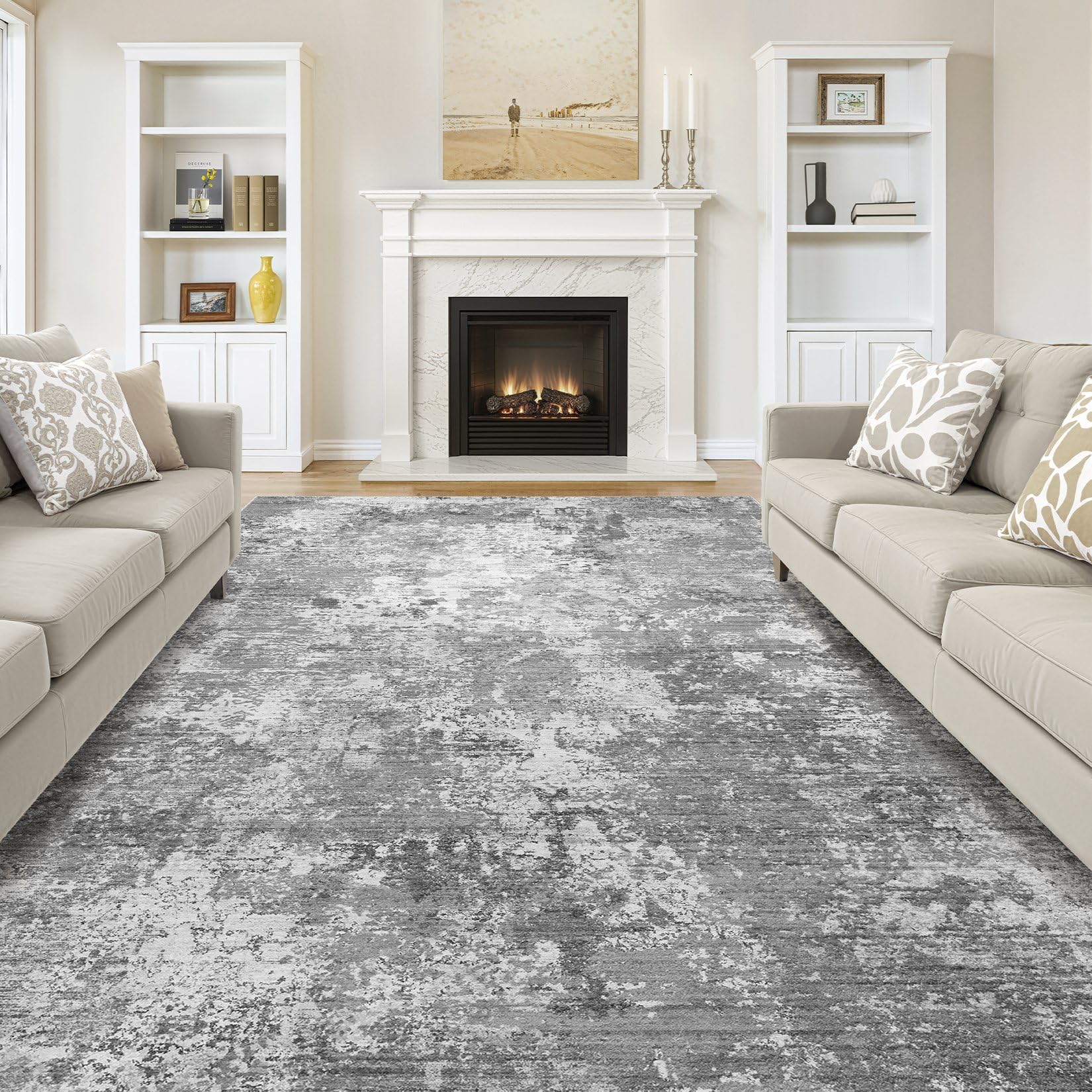 8x10 Area Rugs for Living Room：Washable Rug Abstract Modern Neutral Large Soft Stain Resistant Non-Slip Backing Machine Table for Bedroom Dining Room Indoor Home Office Carpet - Light Grey Image