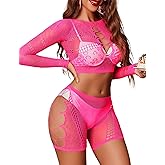 Avidlove Fishnet Lingerie Sets for Women Sexy Two Piece Rave Outfits Mesh Bodysuit Clubwear