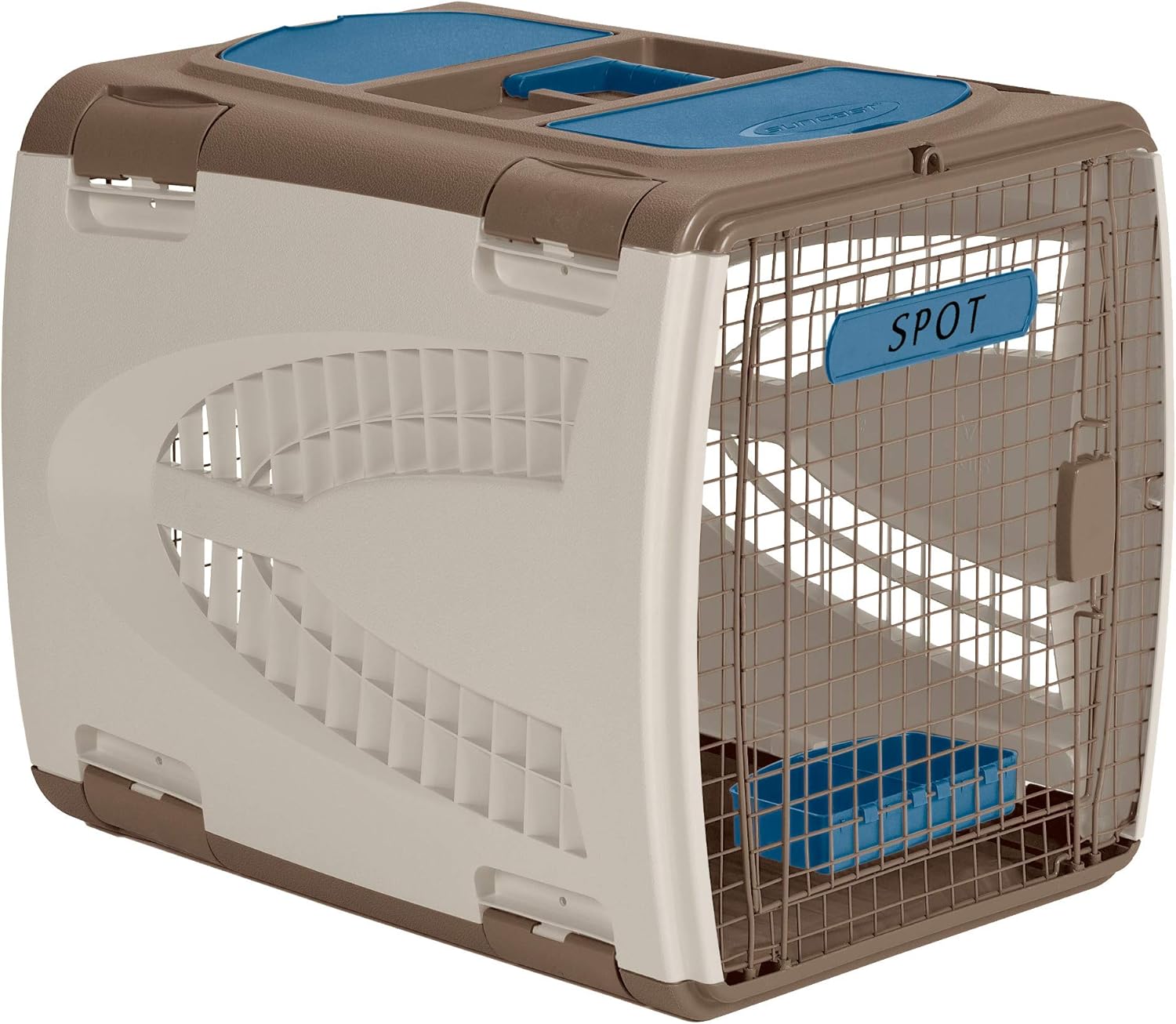  Taupe and Blue Suncast Portable Dog Crate with Handle for Small and