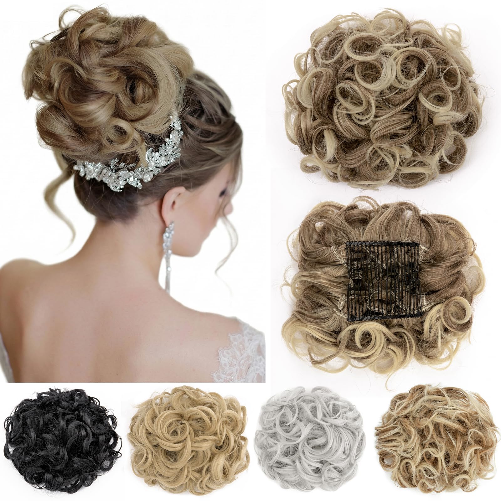 Short Messy Curly Dish Hair Bun Extension Easy Stretch hair Combs Clip in Ponytail Extension Scrunchie Chignon Tray Ponytail Hairpieces Ash Brown mix Bleach Blonde