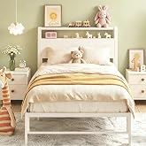Twin Bed Frames for Kids, Twin Size Bed with 2 Tiers Wood Shelves Headboard | Heavy Duty Metal Platform for Girls and Adults, No Box Spring Needed, Easy Assembly, Under Bed Storage Space, White