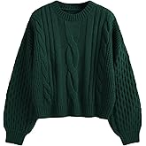 ZAFUL Women's Solid Knit Cable Sweater Casual Long Lantern Sleeve Pullover Crew Neck Knitted Tops