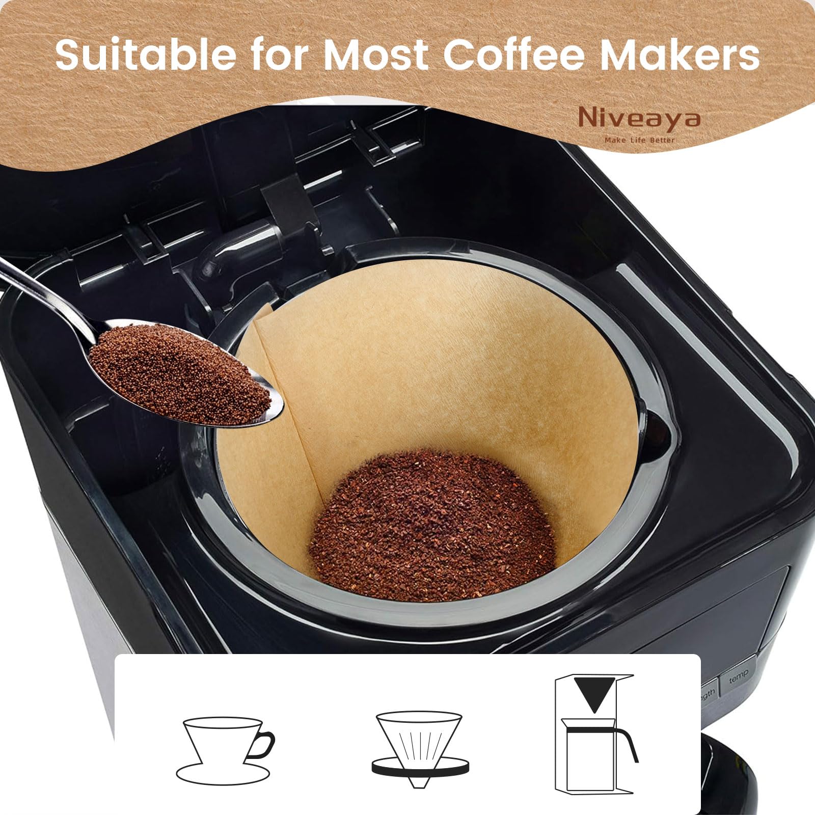 Niveaya 200 Count Coffee Filters #4, Unbleached Natural Brown Coffee Filters 8-12Cup, Disposable Cone Paper Fliters for Pour Over and Drip Coffee Maker