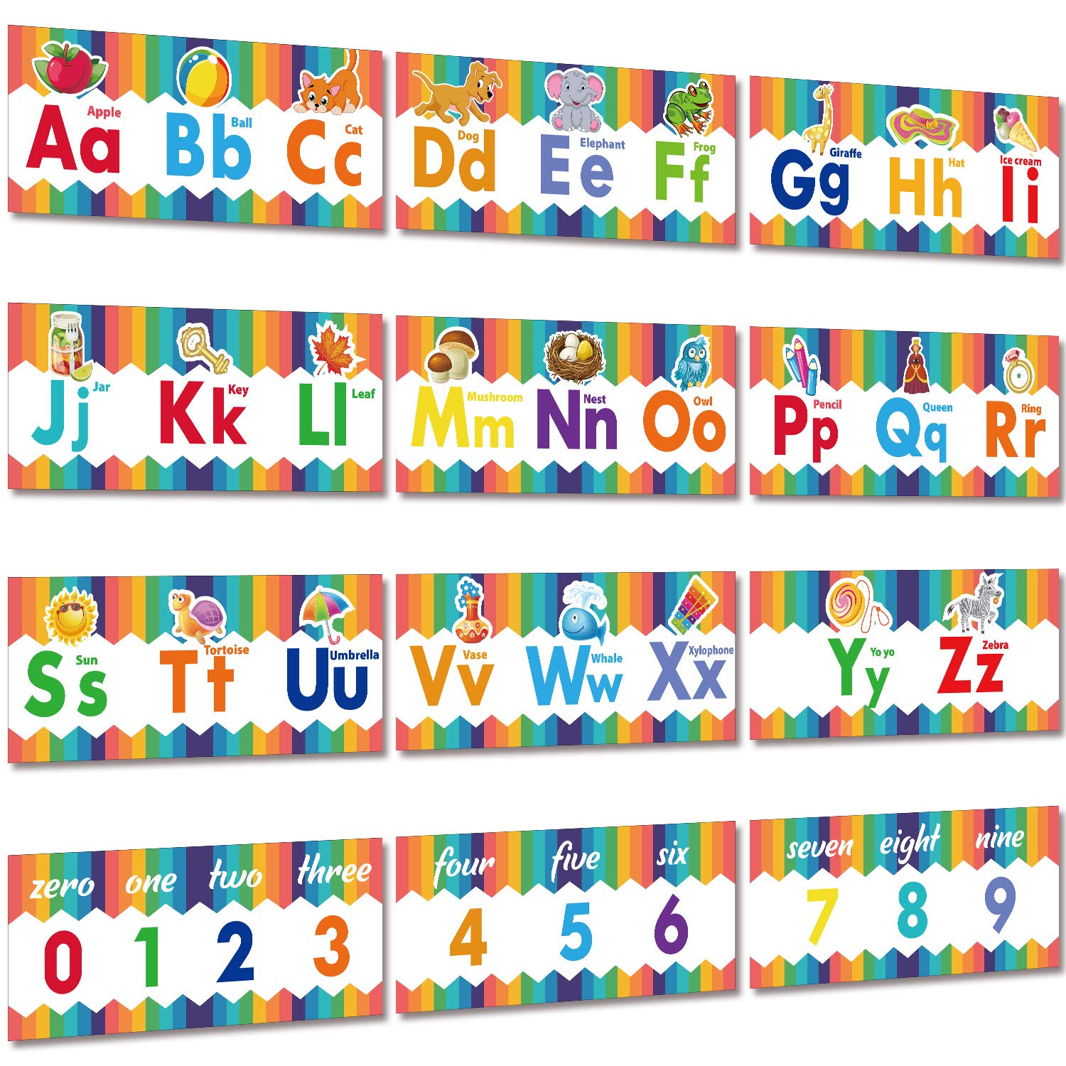 Photo 1 of 12 Pieces Educational Preschool Posters Alphabet Number Classroom Wall Poster Decorations Numbers 0-9 for Nursery Preschool Home School Kindergarten Classroom