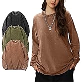 Wyeysyt 3 Pack Oversized Tshirts for Women Long Sleeve Cotton T-Shirts Vintage Acid Wash Baggy Unisex T Shirts