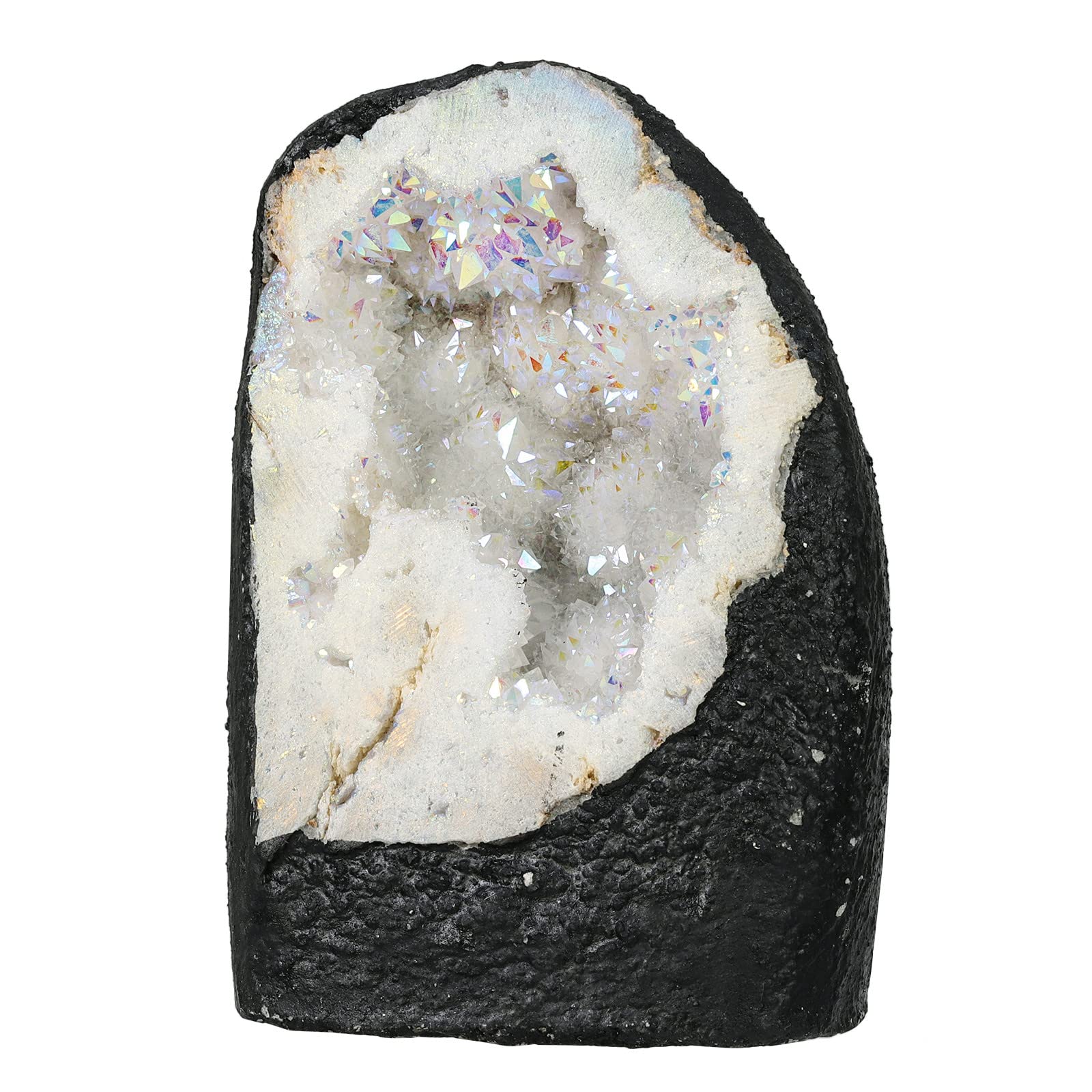 Nupuyai Angel Aura Quartz Geode Stone, Standing Form Titanium Coated Natural Rock Crystal Cluster Specimen for Reiki Healing Home Decor 200-370g, White