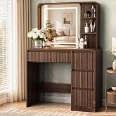 Pamapic 36" W Fluted Makeup Vanity Desk with Mirror and Lights, Walnut | Wood Vanity Table with Safe Curved Edge,Smart LED Mirror,4 Wide Drawers and Storage Shelves,for Women and Girls,Bedroom