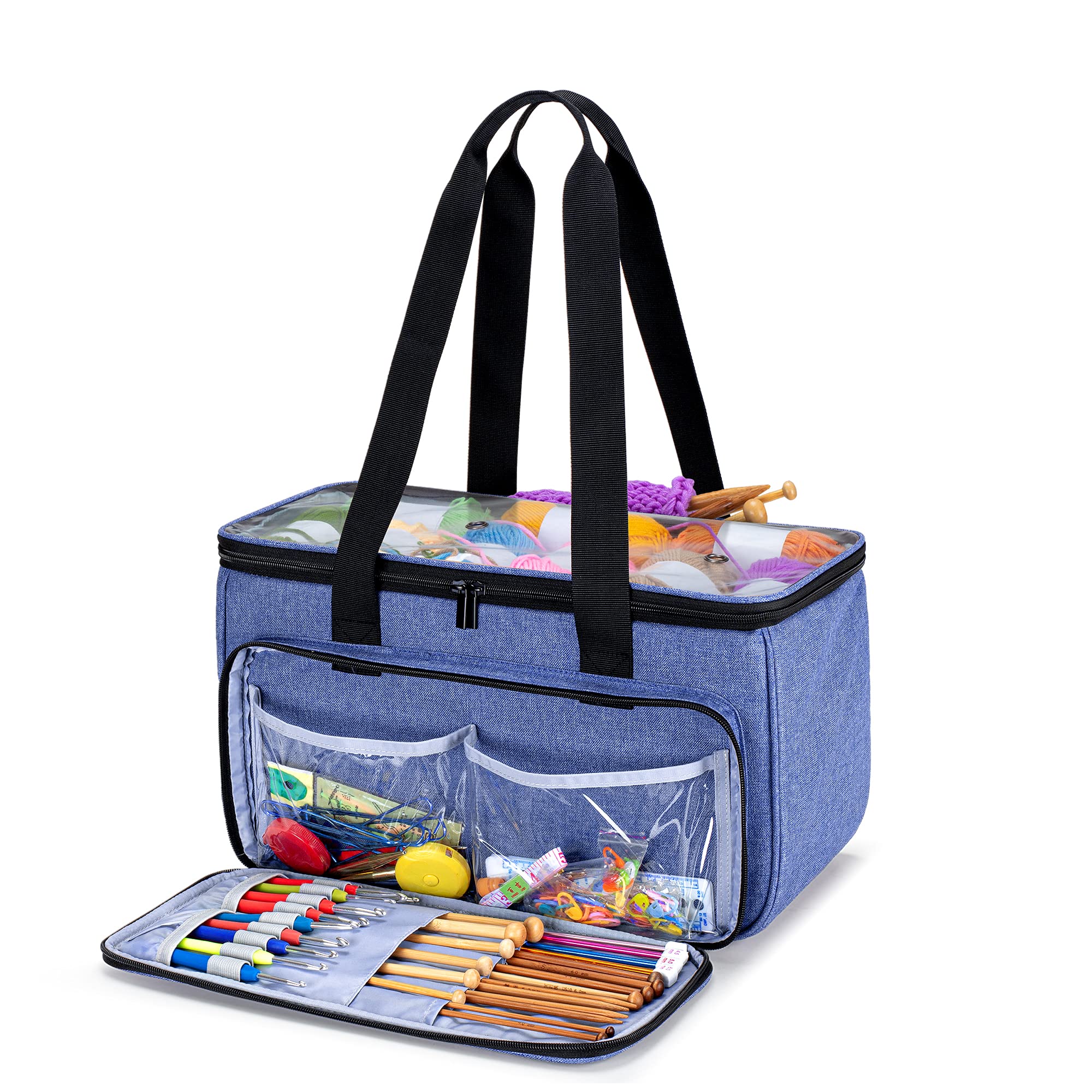 Yarwo Knitting Bag - Portable Yarn Bag with Pocket for WIP Projects, Knitting Needles (Up to 14"/35.5cm) or Accessories, Blue