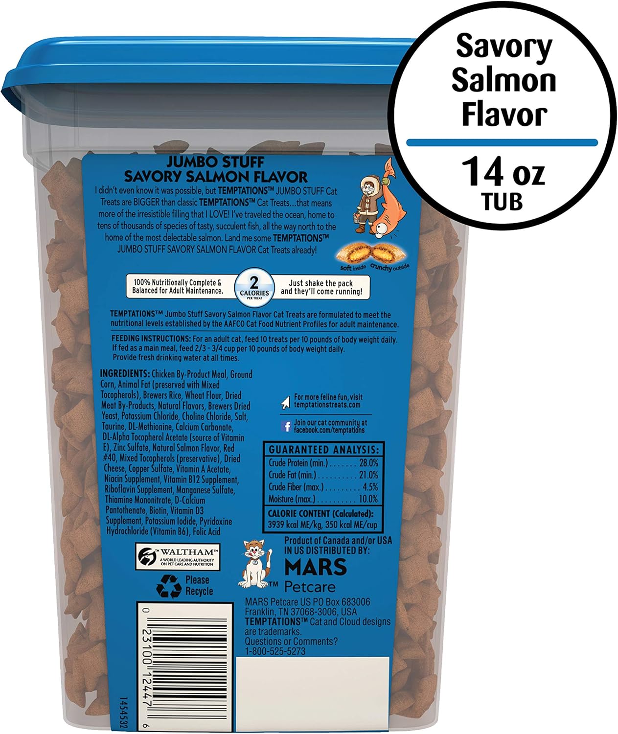 TEMPTATIONS Jumbo Stuff Crunchy and Soft Cat Treats, Savory Salmon Flavor, 14 oz. Tub : Pet Supplies