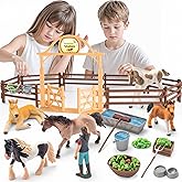 THINKBAY 35 PCS Horses Toys Set for Kids, Solid Realistic Horse Stable Playset Barn Toys for Girls, Ideal Birthday Farm Animals Gift for Toddlers