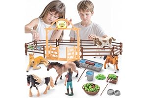 THINKBAY 35 PCS Horses Toys Set for Kids, Solid Realistic Horse Stable Playset Barn Toys for Girls, Ideal Birthday Farm Animals Gift for Toddlers