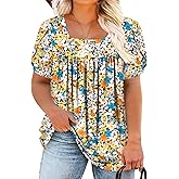 VISLILY Womens-Plus-Size-Summer-Tops Petal Short Sleeve T Shirts Square Neck Blouses Flowy Pleated Tunics XL-5XL