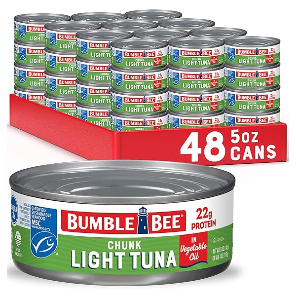 BUMBLE BEE CHUNK LIGHT TUNA IN OIL, 5 OZ CANS (PACK OF 48) – WILD CAUGHT SKIPJACK TUNA – 22G PROTEIN PER SERVING – MSC CERTIFIED SUSTAINABLE SEAFOOD, NON-GMO, GLUTEN FREE, KOSHER