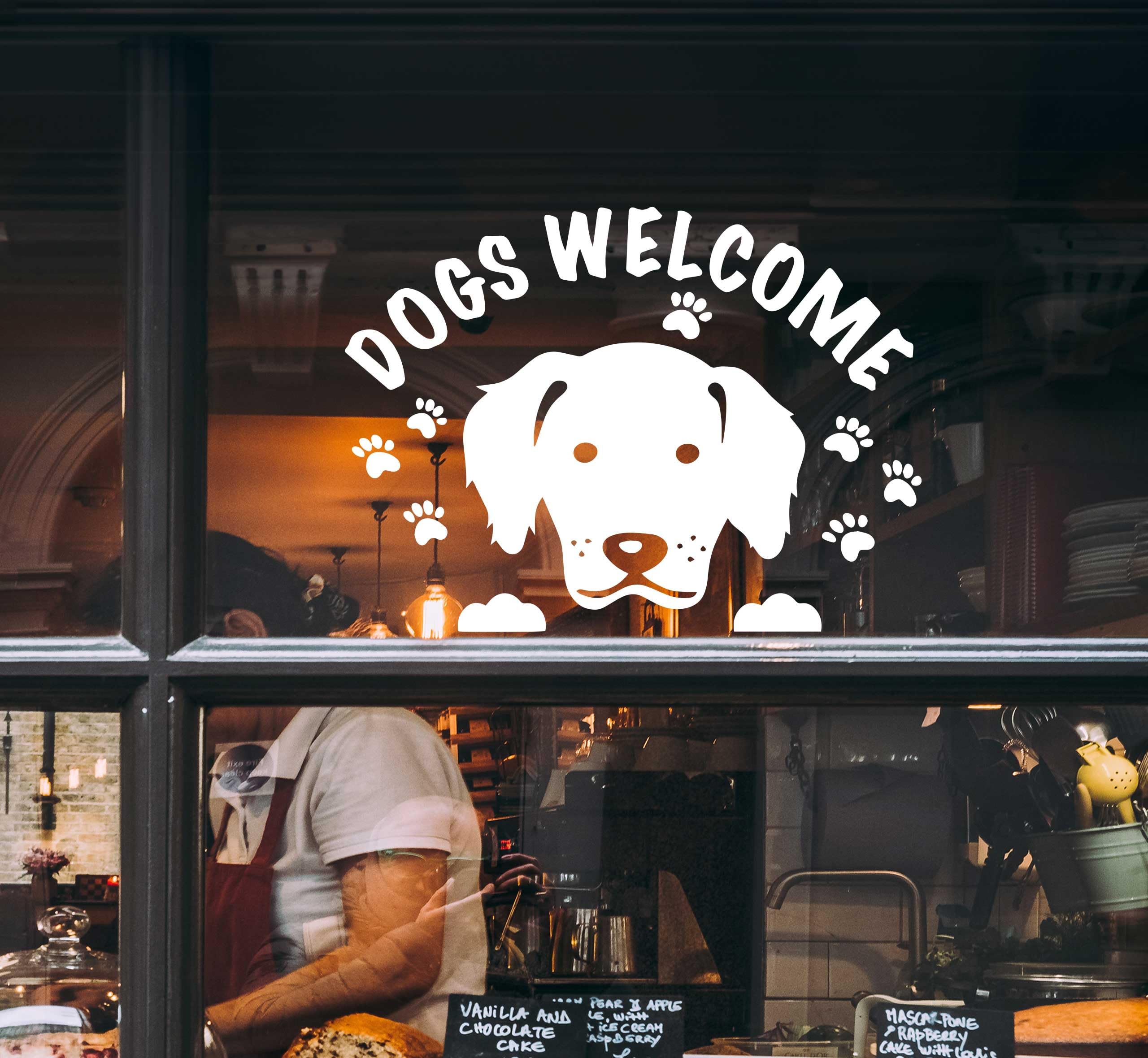 Dog Welcome Self-Adhesive Decal Sticker Sign- Pet-Friendly Business- Waterproof Fade Resistent- Removable Viny - Shop Window-Pet-Friendly Business Decor- (White Outside- Glass)
