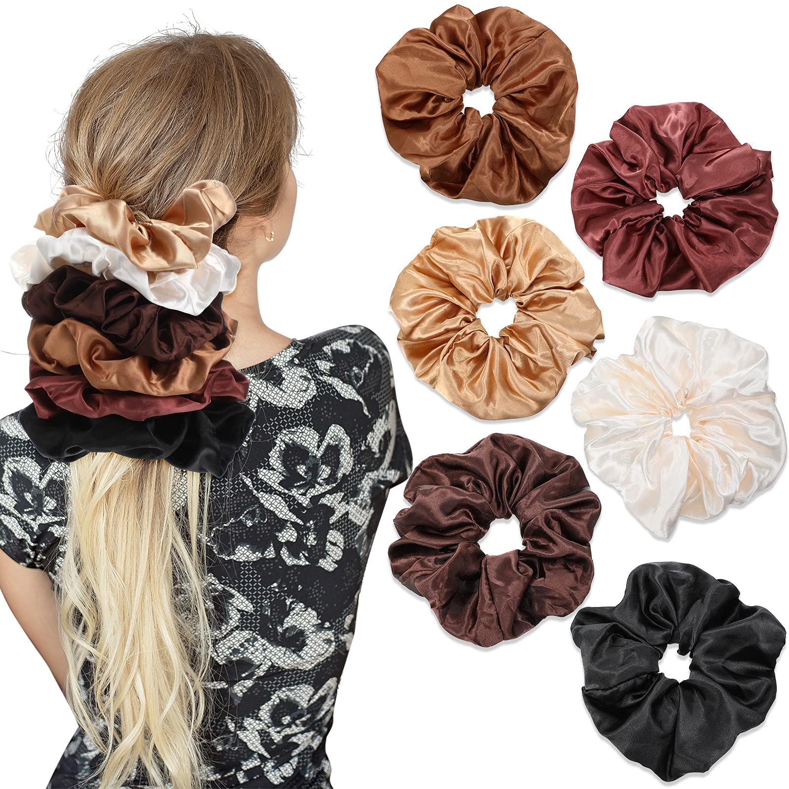 6 Pieces Oversized Satin Scrunchies for Hair, Soft Silk Elastic Hair Band Set Hair Ties Ponytail Holders for Women and Girls (White, Red Brown, Black, Light Coffee, Dark Coffee, Brown)