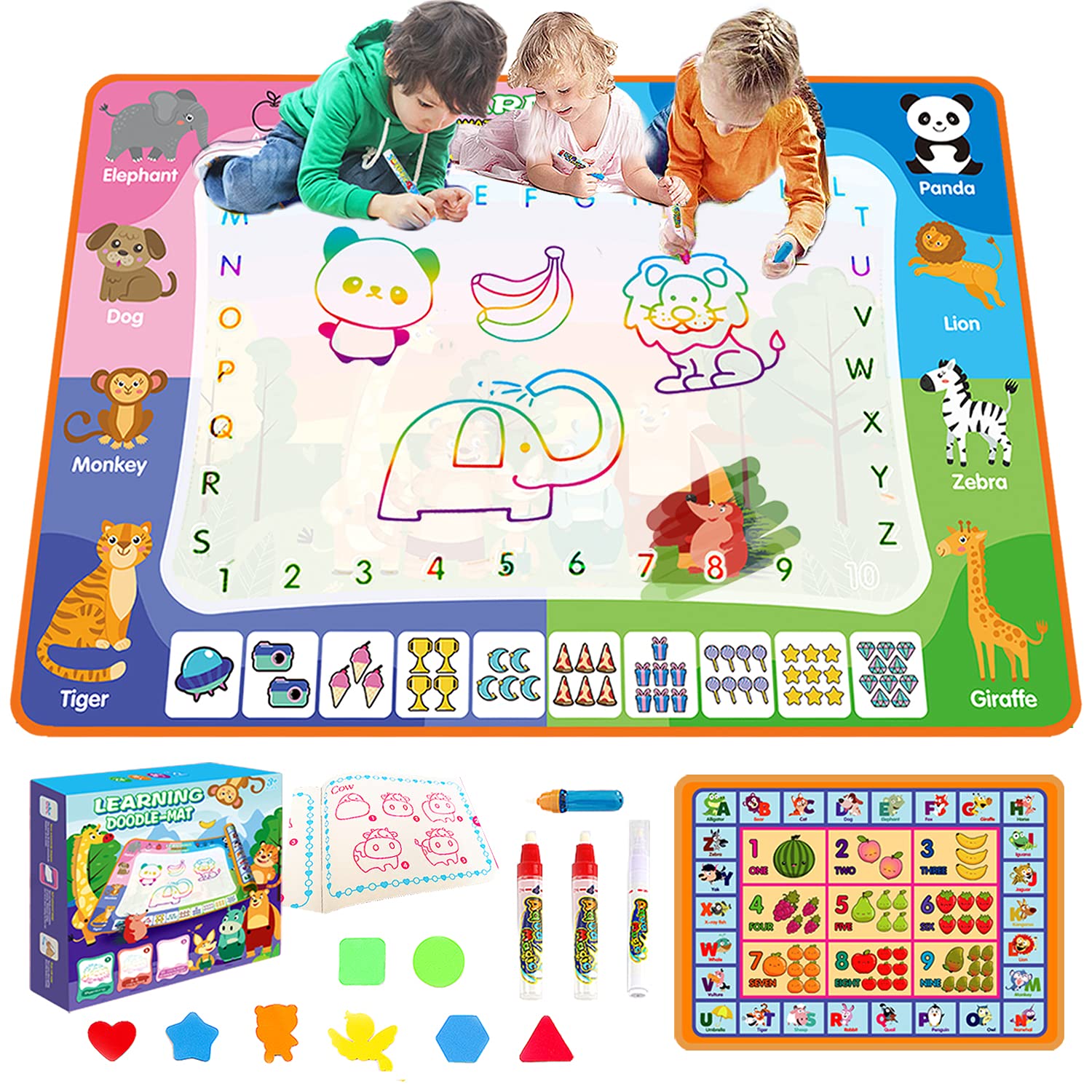 Reusable Water Doodle Mat, 3in1 Painting Drawing Writing No Mess Colouring & Drawing Game with Letter/Number/Animal/Fruit Patterns Double-Side Magic Mats for Kids (100x70cm)
