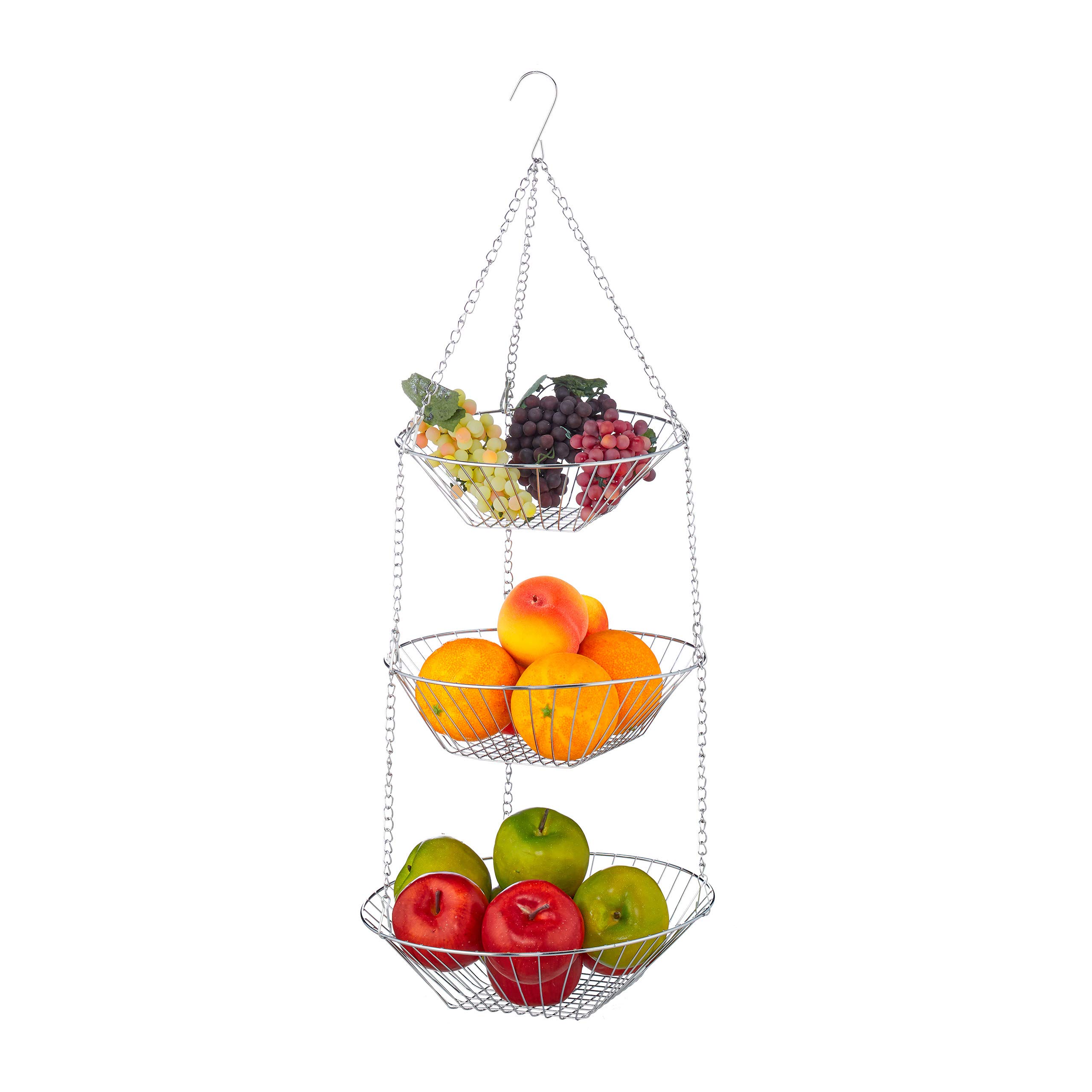 Relaxdays Hanging Baskets 3-Tiers, Hanging Fruit Basket, Storage Suspended From Ceilings, Space-saving, Steel, Silver