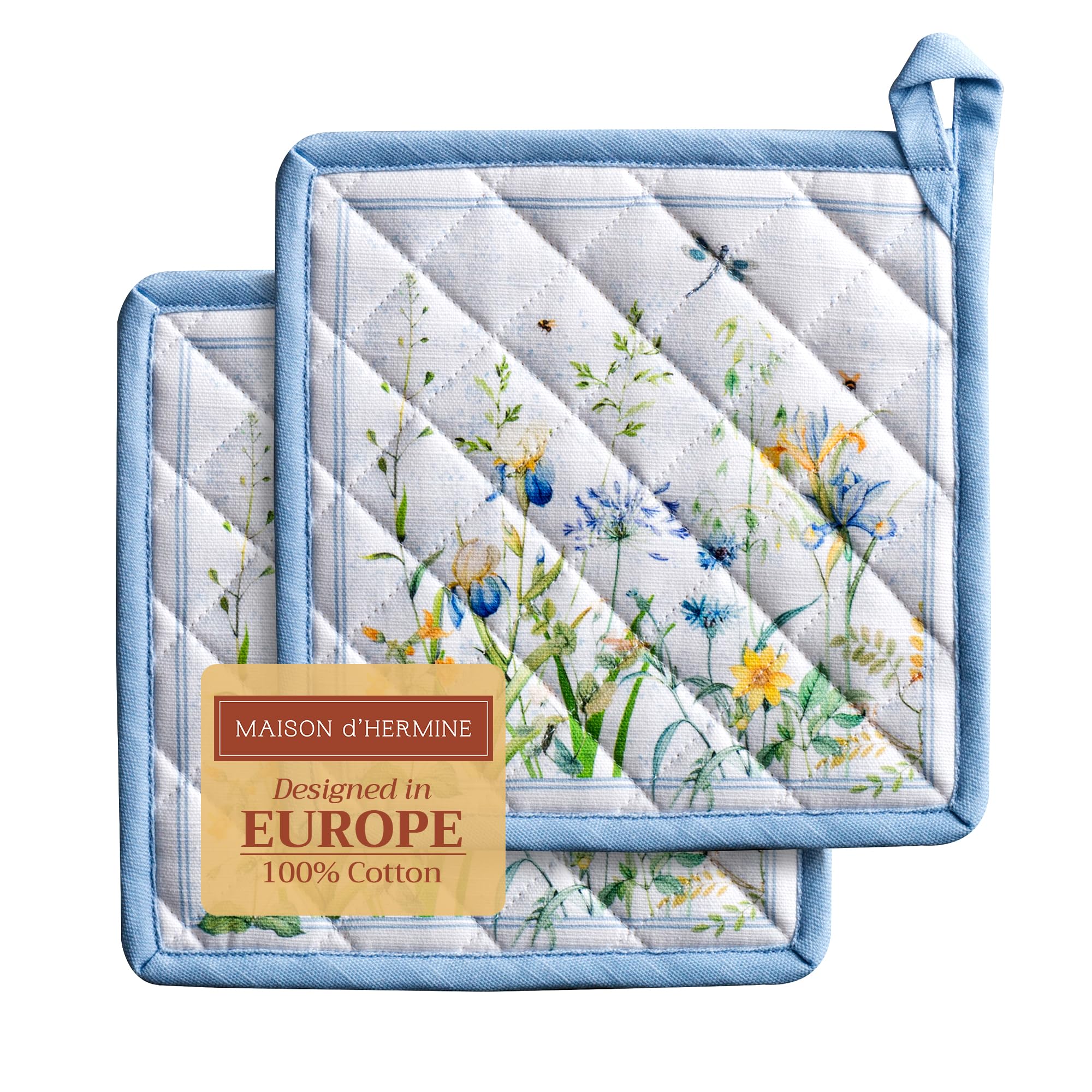 Maison d' Hermine Fleurs De Mai Set of 2 Pot Holders 100% Cotton for Barbecue, Baking, Oven, Microwave, Grilling, Spring/Summer, Easter (20 cm x 20 cm)