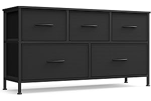 SONGMICS Dresser for Bedroom, Chest of Drawers, TV Stand, Steel, MDF, 5 Non-Woven Fabric Drawers, Storage Organizer Unit, Closet, Entryway, Ink Black and Ebony Black ULGS322B01S