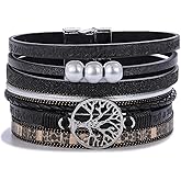 FANCY SHINY Tree of Life Leather Wrap Bracelet Inspirational Cuff Bangles Boho Pearl Bracelets with Magnetic Clasp Unique Jewelry Gifts for Women