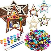 DoubleFill 24 Pcs Christmas Nativity Ornament Crafts Kits for Kids Classroom, Unfinished Wooden Nativity Hanging Ornaments, DIY Coloring Christian Wooden Craft for School Art Activity(Star)