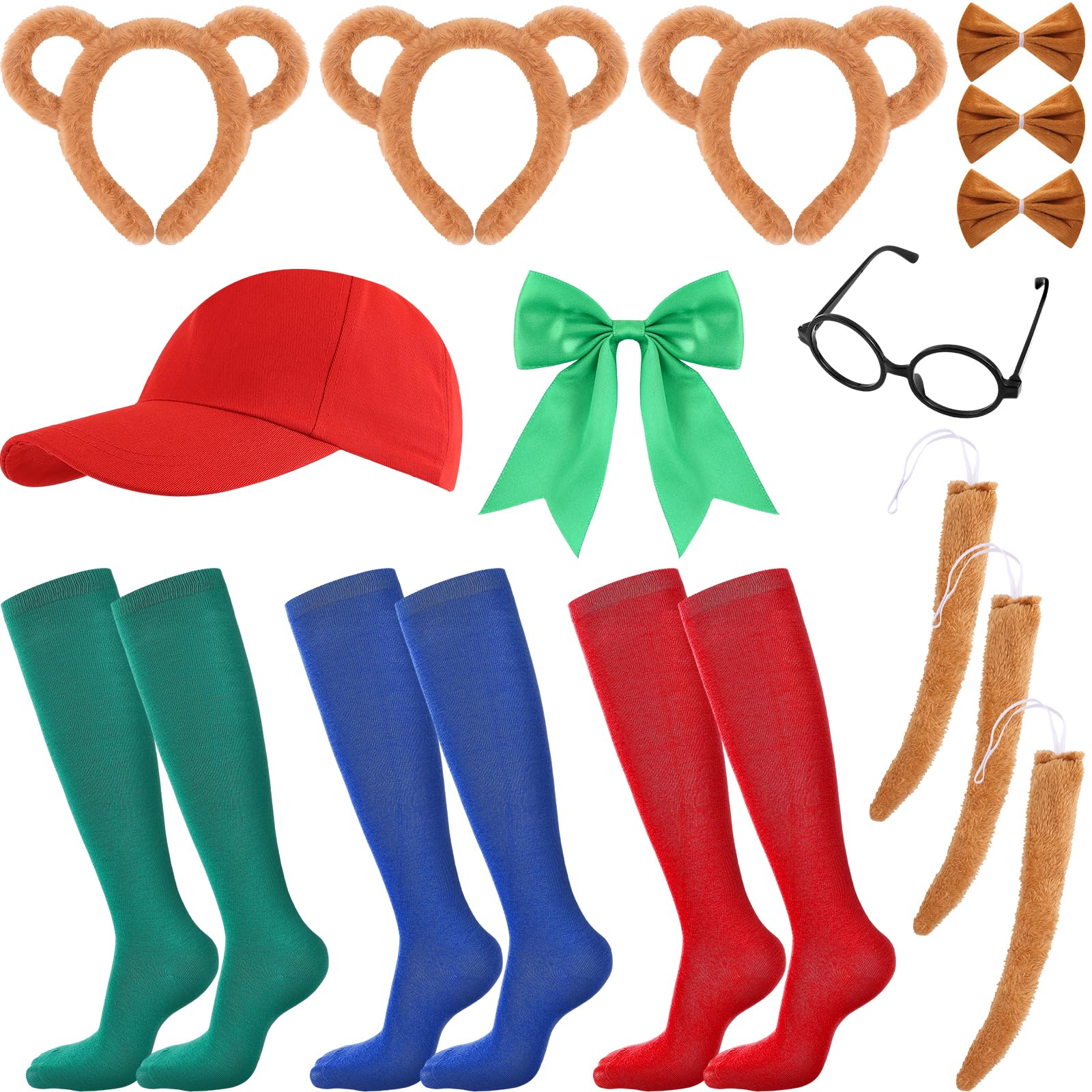 Photo 1 of 18 Pcs Chipmunks Costume Set with 3 Chipmunk Ear Headband 3 Tail 3 Brown Bow Tie Red Baseball Cap Frameles Glasses Green Bow and Knee High Socks for Halloween Animal Costume Cosplay Party Accessories