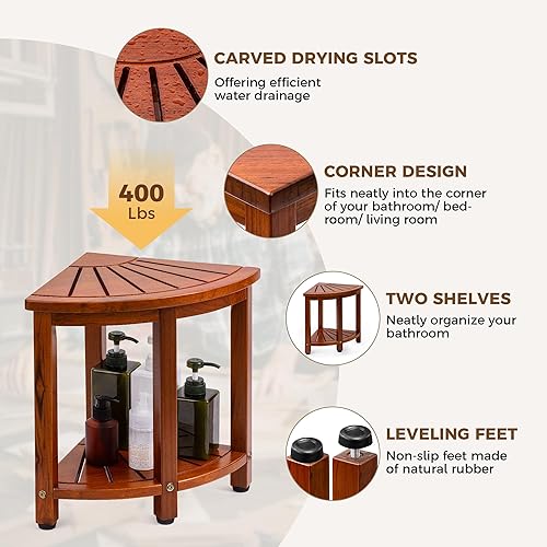 Axeman Teak Corner Shower Stool for Shaving Legs with Storage