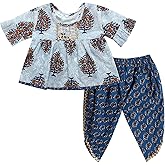 Superminis Baby Girls Jaipuri Print Frock Style Kurti with Frill Sleeves Salwar with Elastic Closure Ethnic Dress