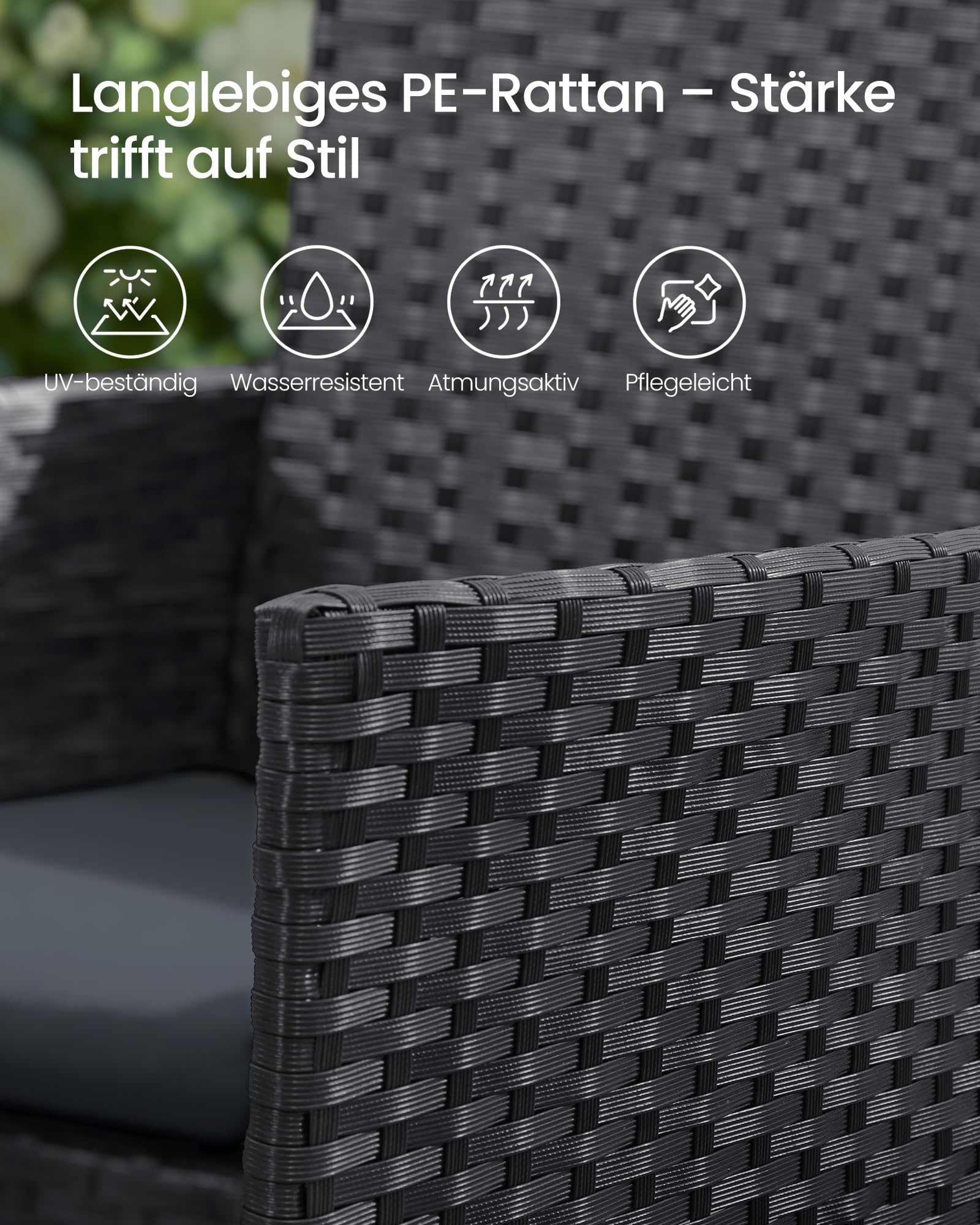SONGMICS Gartenmöbel-Set, 4-teilig, Balkonmöbel aus PE-Polyrattan, Tisch, 2 Stühle, 2-Sitzer-Bank, Lounge-Möbel Outdoor, Terrassenmöbel, für Terrasse, Balkon, schwarz-grau GGF004B06 5