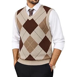 PJ PAUL JONES Mens Argyle Sweater Vest V-Neck Vintage Knit Vest | Contrast Plaid Pattern, Sleeveless Pullover Knit, Classic V