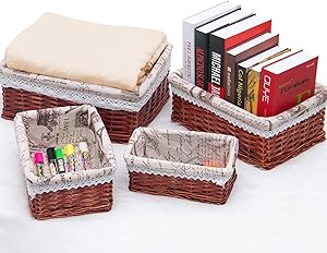 PentaQ Handmade Wicker Storage Basket Set, Woven Shelf Baskets Decorative Home Storage Bins Multipurpose Organizing Baskets with Cloth Linings, Set of 4