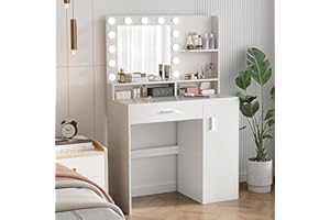 DECOFY Vanity Desk with Mirror & Lights, White Makeup Desk with Drawers & Cabinet, 3 Lighting Modes & 10 Brightness, Vanity for Bedroom & Dressing Room