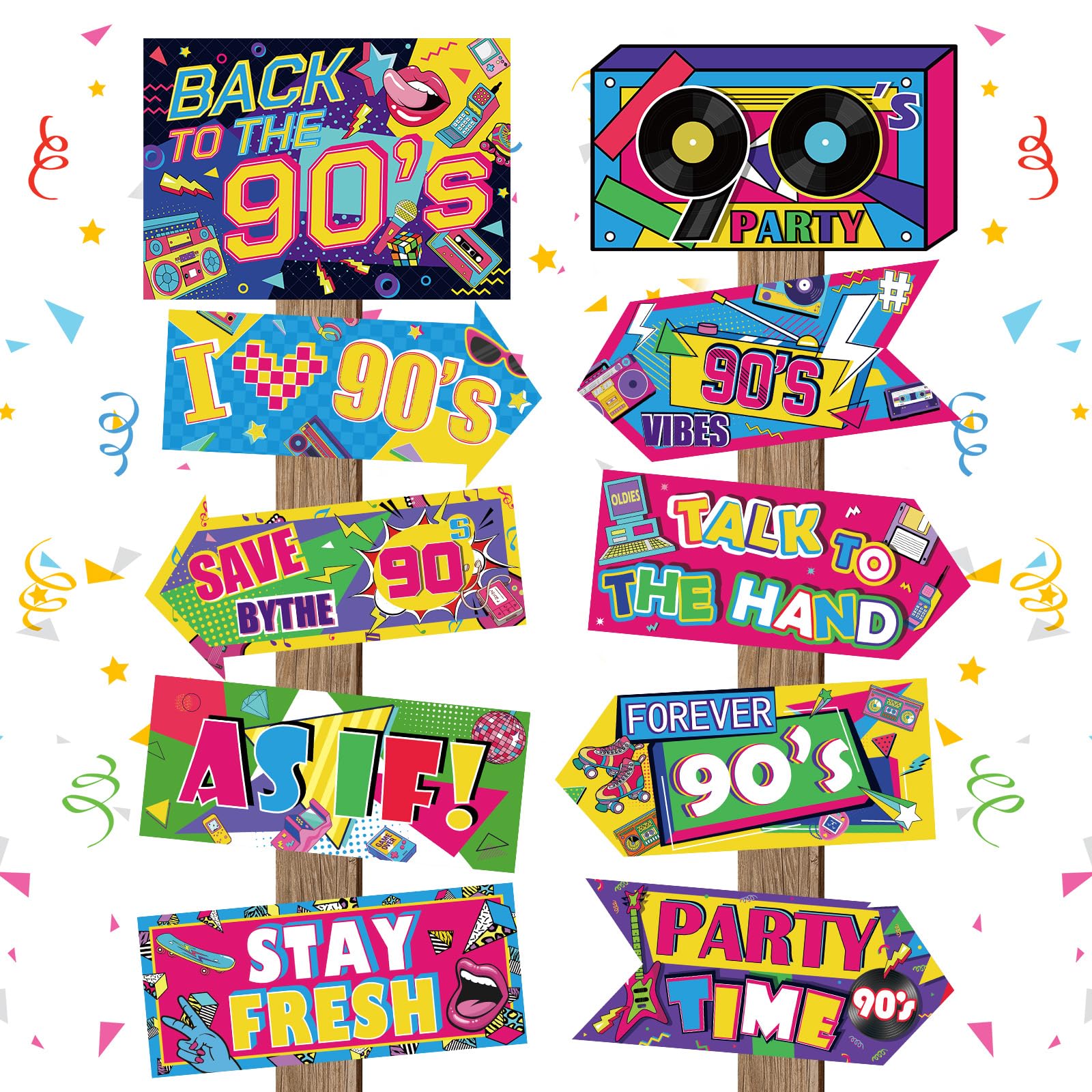 Photo 1 of 20 Pieces 90s Party Decorations Sign Retro Hip Hop Party Sign for Back to The 90s Adults Neon Throwback Birthday Party Supplies