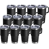 20oz Tumbler Bulk with Lid, Stainless Steel Tumbler Bulk with Handle, Metal Insulated Travel Coffee Mug Set with Handle, Double Wall Vacuum Leak Proof Tumbler Cup, Black 12 Pack
